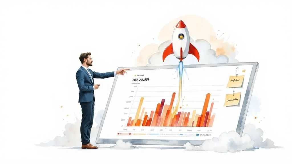 Businessman presenting a growth chart with a rocket launch, symbolizing successful business development.