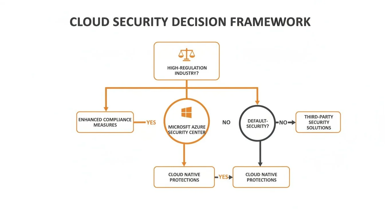 Cloud security decision framework flowchart showing paths for regulatory compliance, Azure, default security, and native protections.