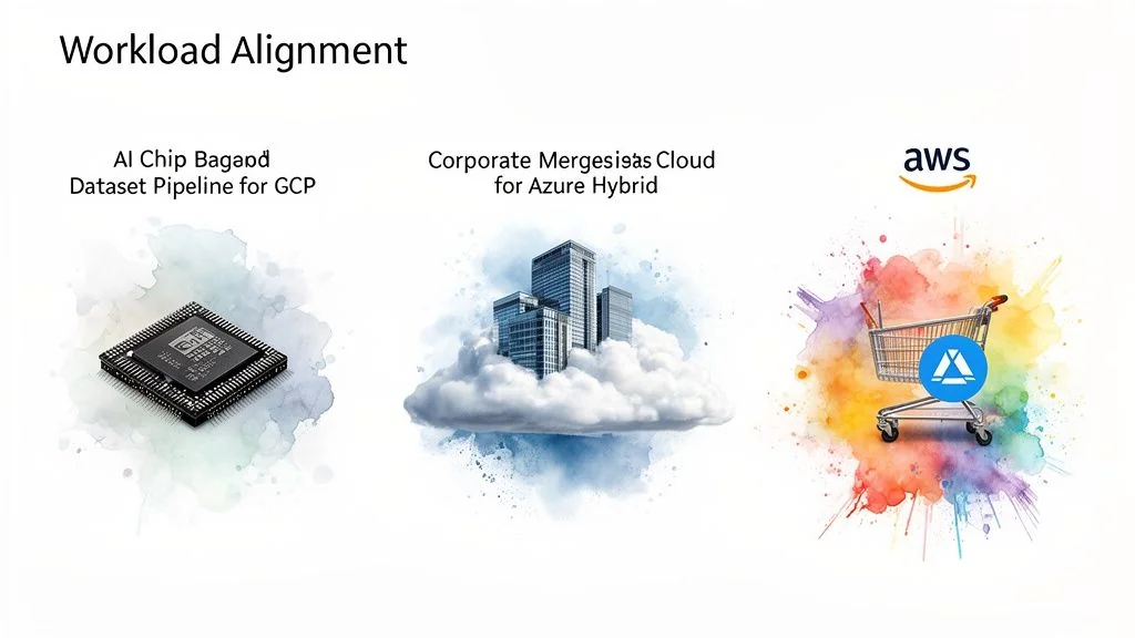 Image showcasing workload alignment across AI Chip/GCP, Corporate Cloud/Azure Hybrid, and AWS services.
