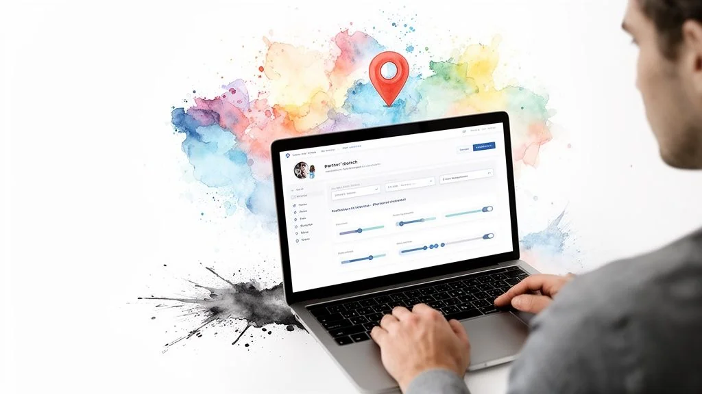 A person works on a laptop showing a UI with sliders, set against a vibrant watercolor map.