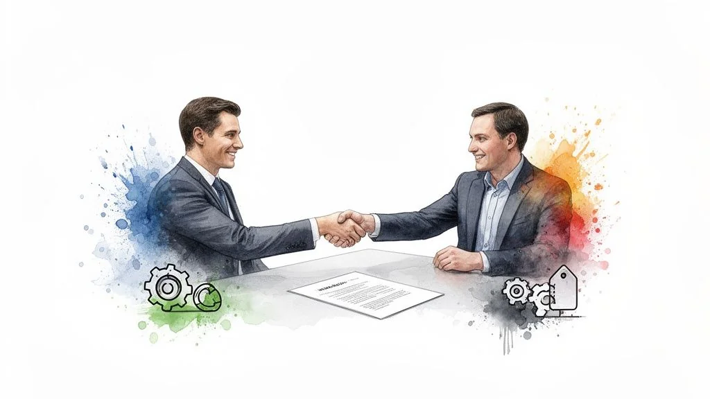 Two businessmen in suits shaking across a table with a contract, symbolizing a business agreement.