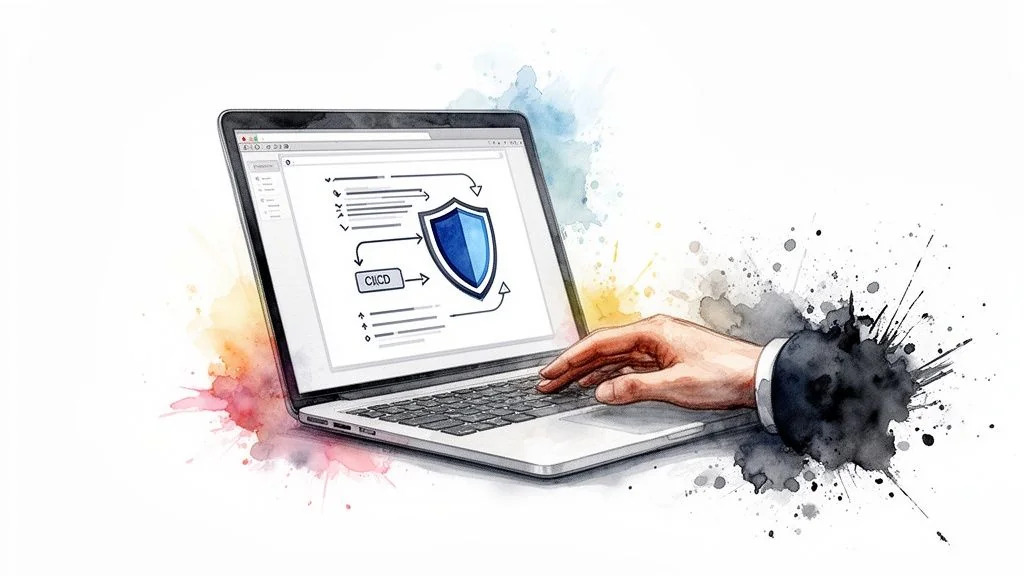 Digital illustration of cloud compliance and CI/CD security on a laptop with a shield icon.