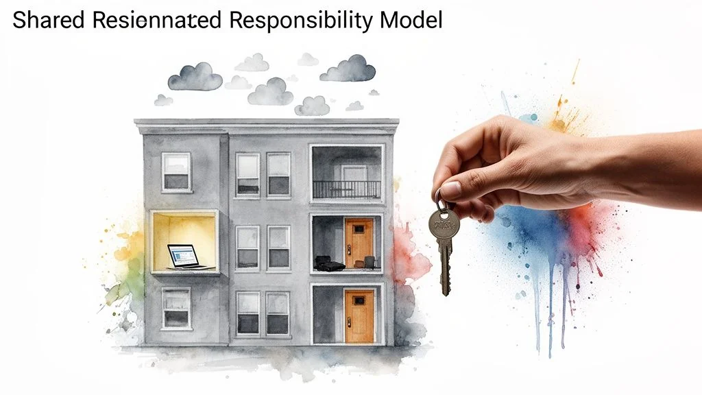 A hand holds a key next to a watercolor illustration of a multi-story building and clouds, illustrating shared responsibility.