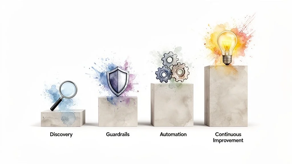 Four stages of cloud governance framework: Discovery, Guardrails, Automation, and Continuous Improvement with icons.