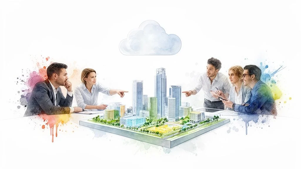 Business professionals discuss a city model under a cloud icon, symbolizing urban development and cloud solutions.