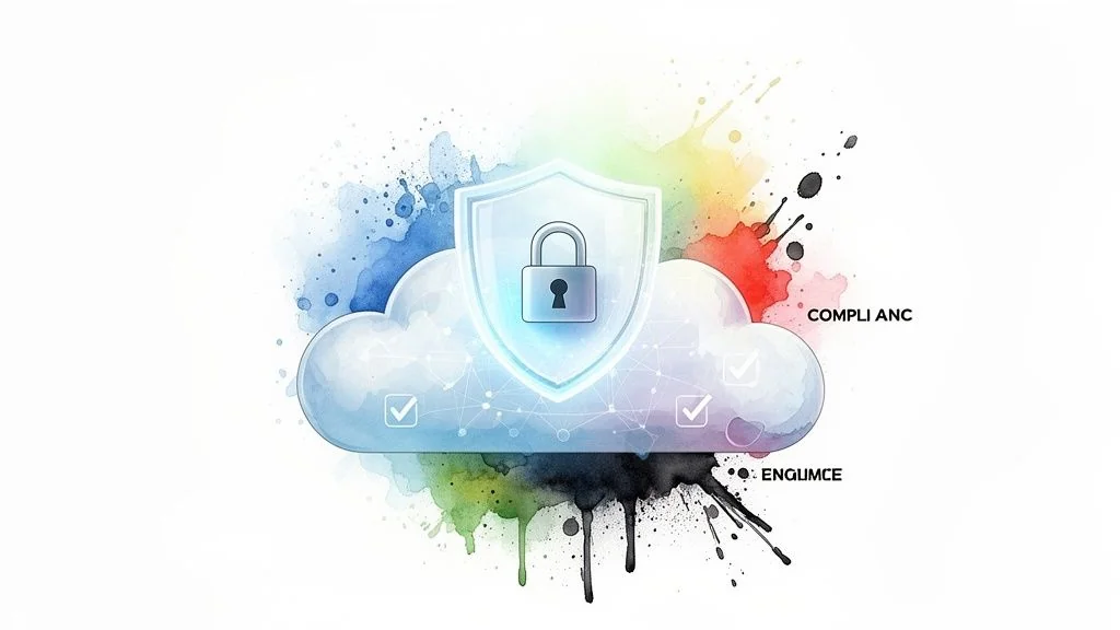 A secure cloud computing concept with a shield, padlock, and checkmarks on a colorful background.