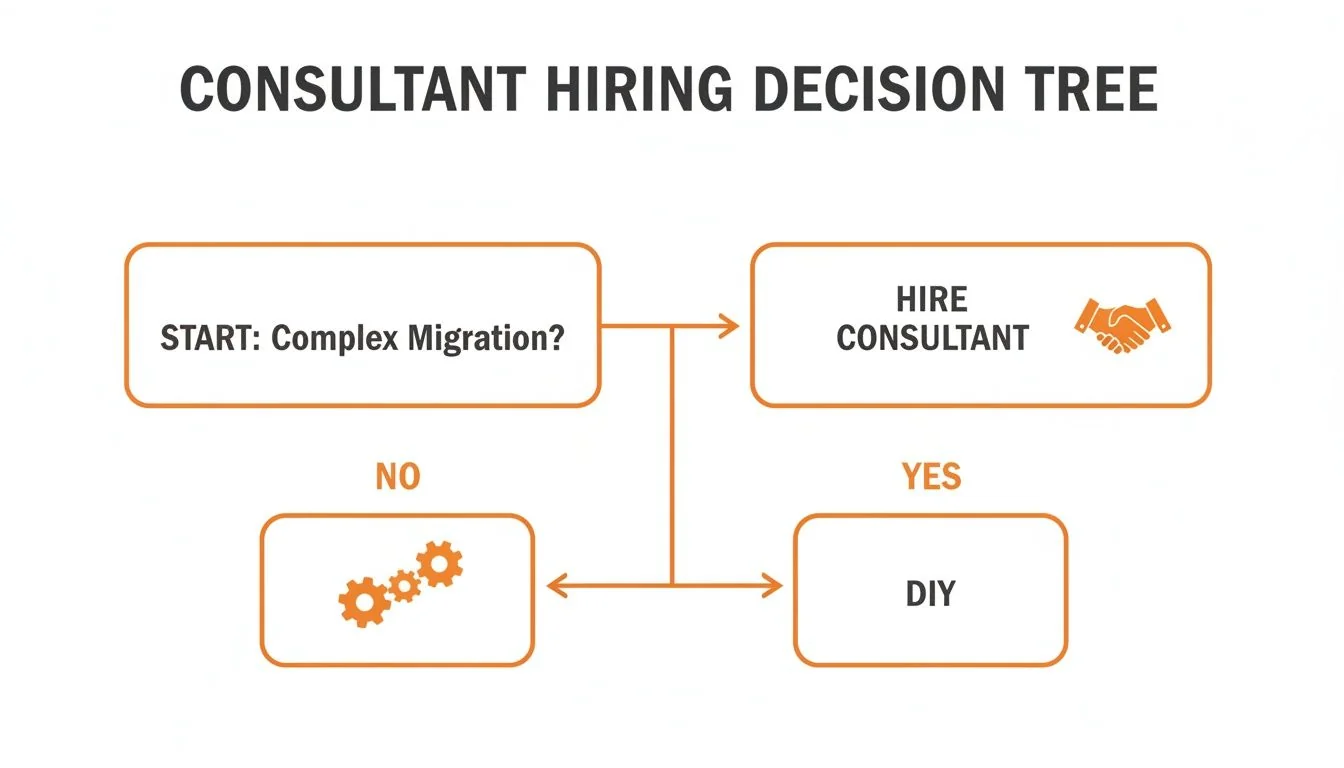 Decision tree illustrating consultant hiring for complex migrations versus doing it yourself.