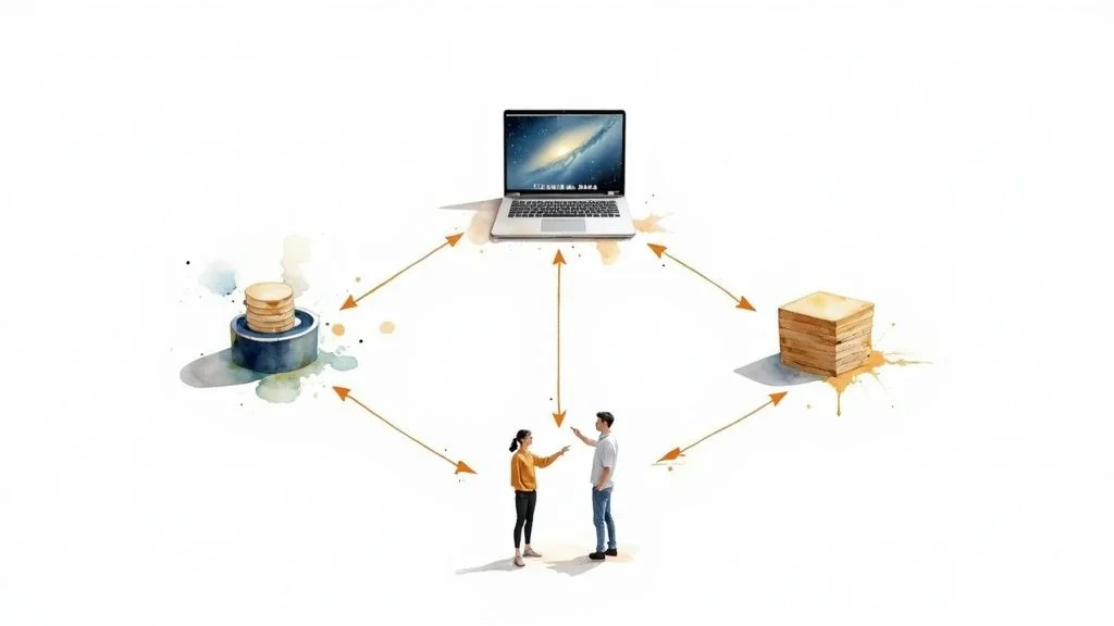 Diagram illustrating a system architecture with users, a laptop, data storage, and compute blocks connected by arrows.