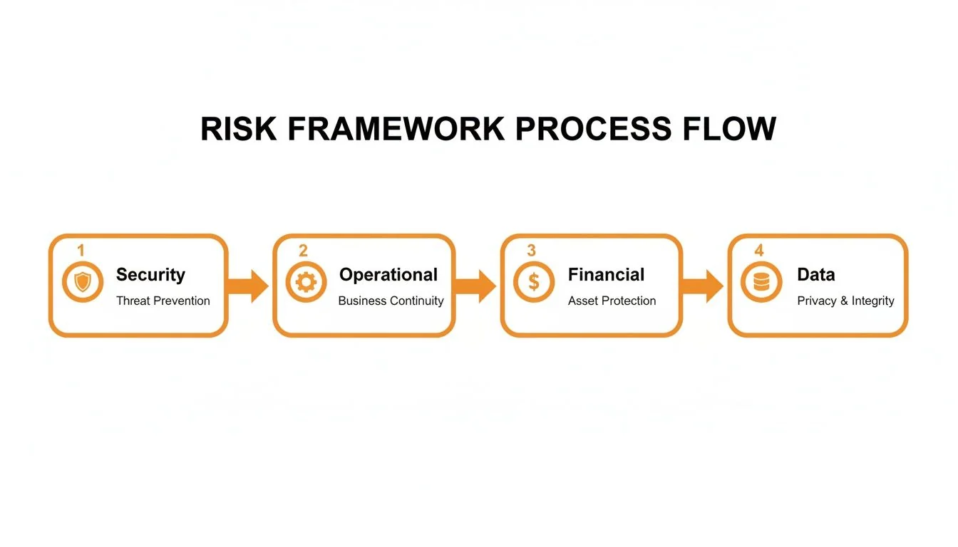 A four-step risk framework process flow diagram showing Security, Operational, Financial, and Data risks.
