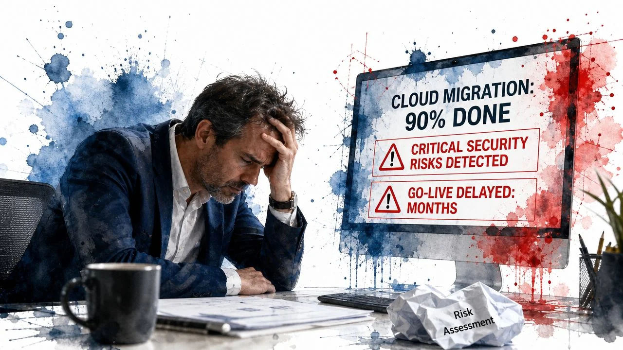 A stressed businessman sits at his desk looking at a monitor displaying critical cloud migration security risks.