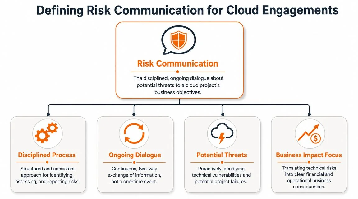A diagram defining risk communication for cloud engagements through four key pillars and a central concept.
