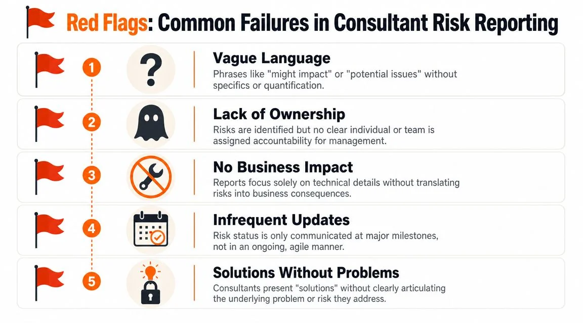 A list of five red flags describing common failures in professional consultant risk reporting and documentation.