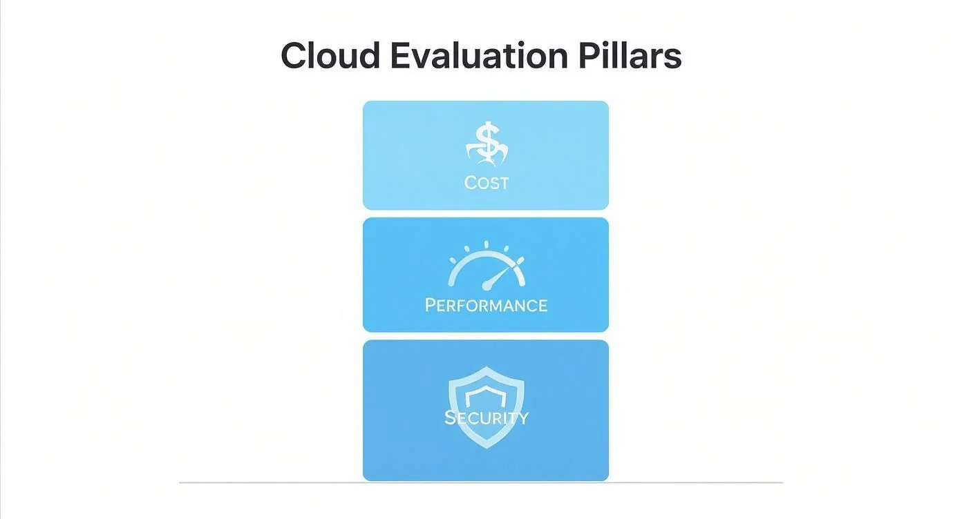 Three blue cards illustrating cloud evaluation pillars: cost, performance, and security, with icons.