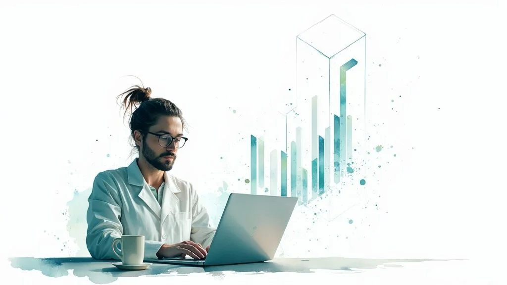 A man in a lab coat works on a laptop with abstract data visualization graphs.