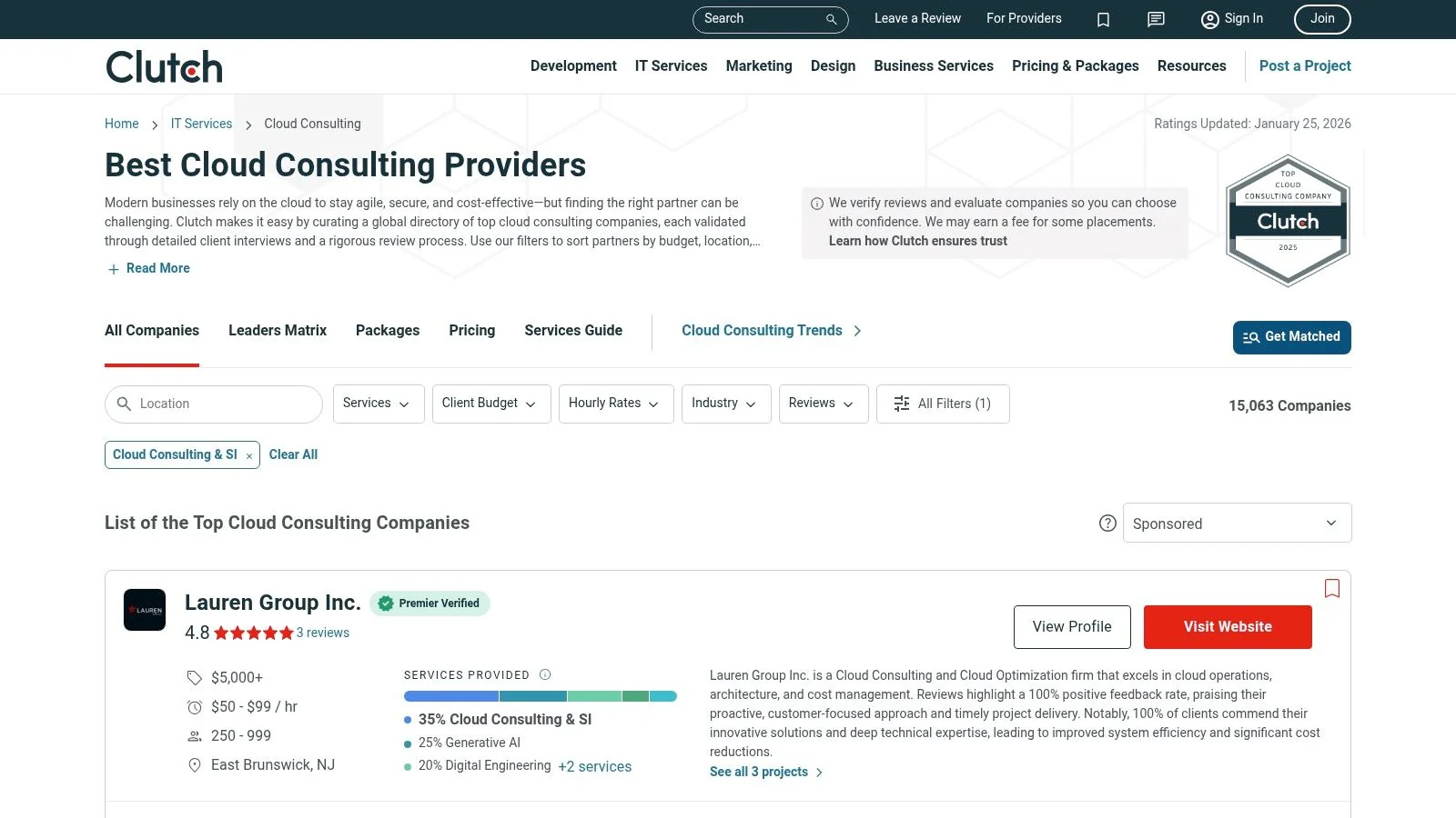 A screenshot of the CloudConsultingFirms.com homepage, showcasing its search and filtering capabilities for finding top cloud consulting firms.