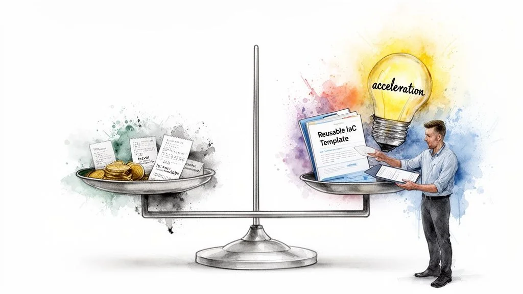 A man balances consulting costs (receipts, coins) against efficiency and acceleration (reusable IaC template, light bulb).