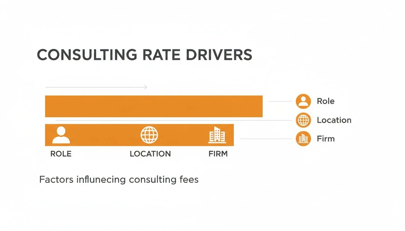 Bar chart illustrating consulting rate drivers: role, location, and firm are key factors.