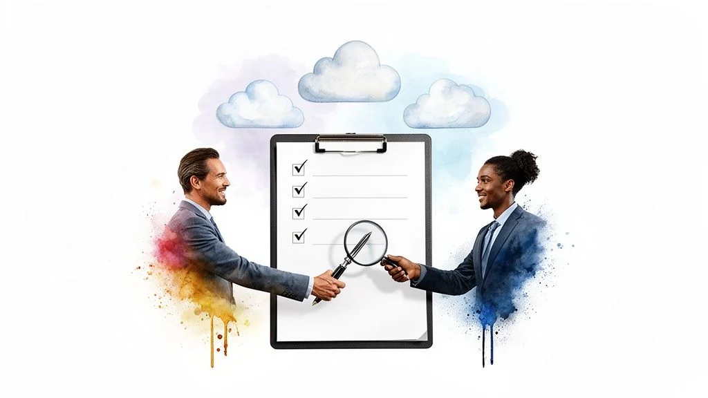 Two diverse businessmen collaborate on a checklist with a magnifying glass under watercolor clouds.
