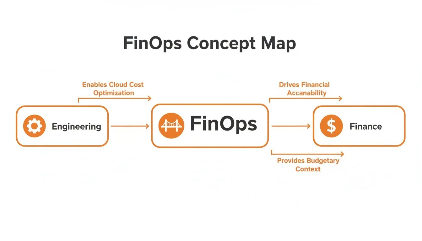 A FinOps concept map illustrating the relationship between Engineering, FinOps, and Finance for cloud cost optimization and financial accountability.