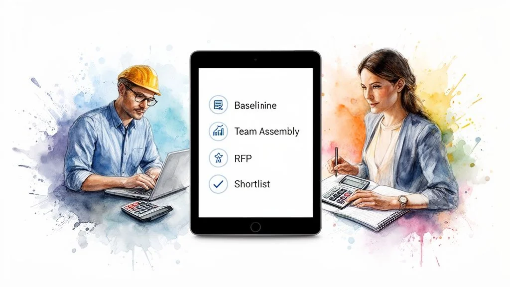 Digital illustration of professionals managing project tasks on a tablet, laptop, and calculator.