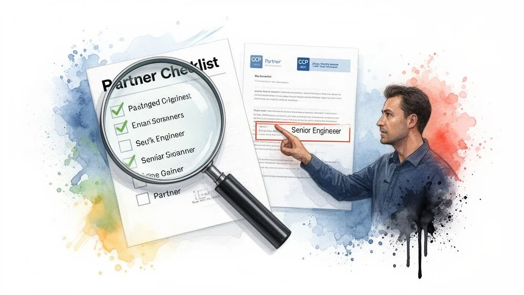 Watercolor illustration of a man pointing at "Senior Engineer" on a document with a partner checklist.