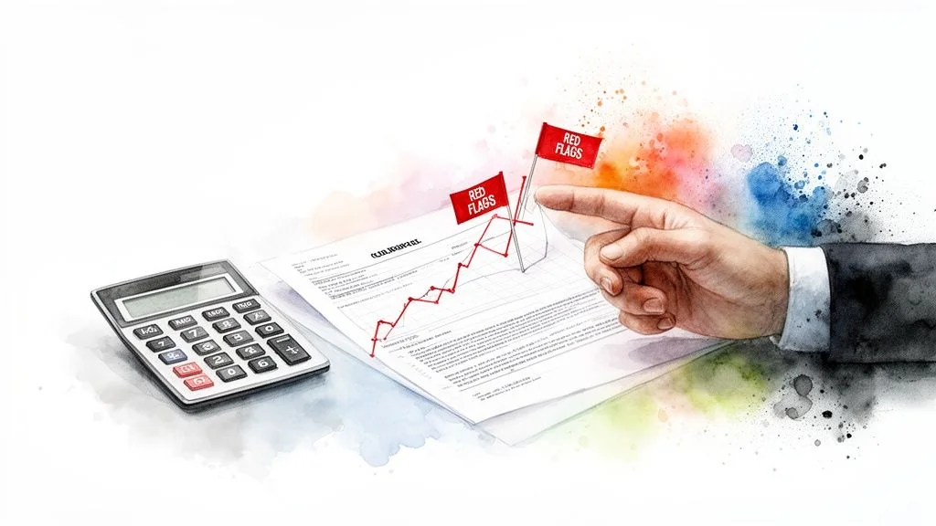 Watercolor illustration of a hand pointing at a business graph with red flags and a calculator, signifying risk.