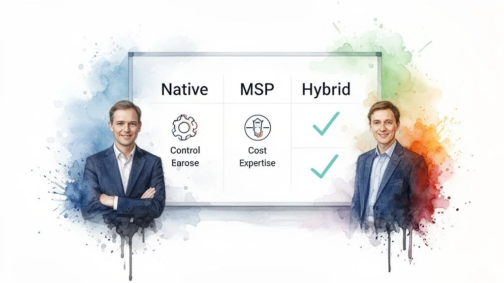 Two men flank a whiteboard showing a comparison of Native, MSP, and Hybrid service models with features.