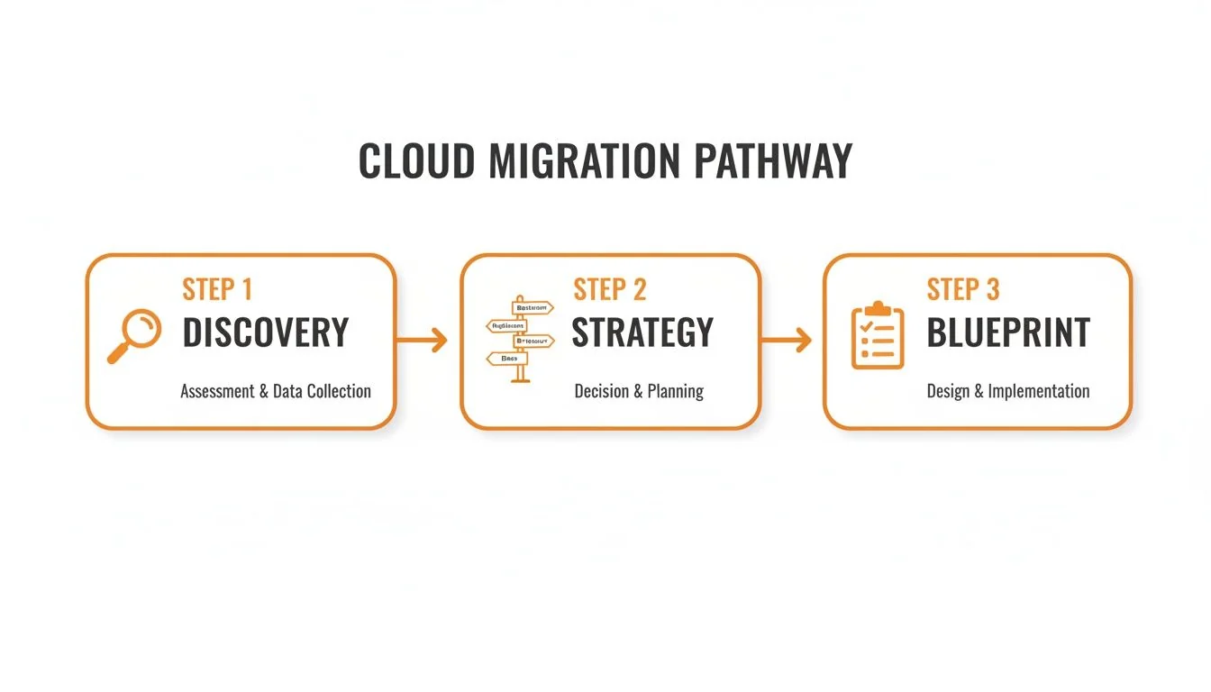 Visualizing a three-step cloud migration pathway: Discovery, Strategy, and Blueprint stages.