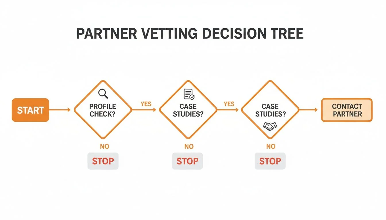 A flowchart illustrating the partner vetting decision tree, including profile checks and case studies.