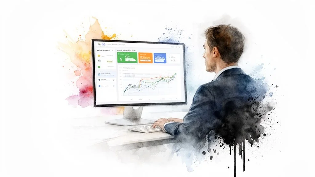 Man in a suit reviewing business analytics and data visualizations on a desktop monitor.