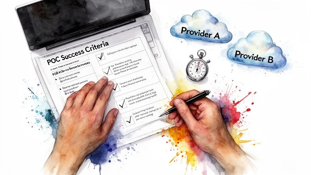 Hands checking POC success criteria on a laptop, comparing 'Provider A' and 'Provider B' cloud services with a stopwatch.