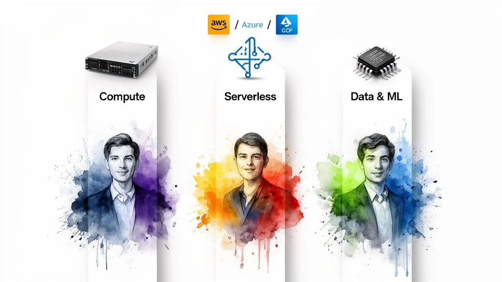 Three pillars of cloud computing: Compute, Serverless, and Data & ML, with professionals and platform logos.