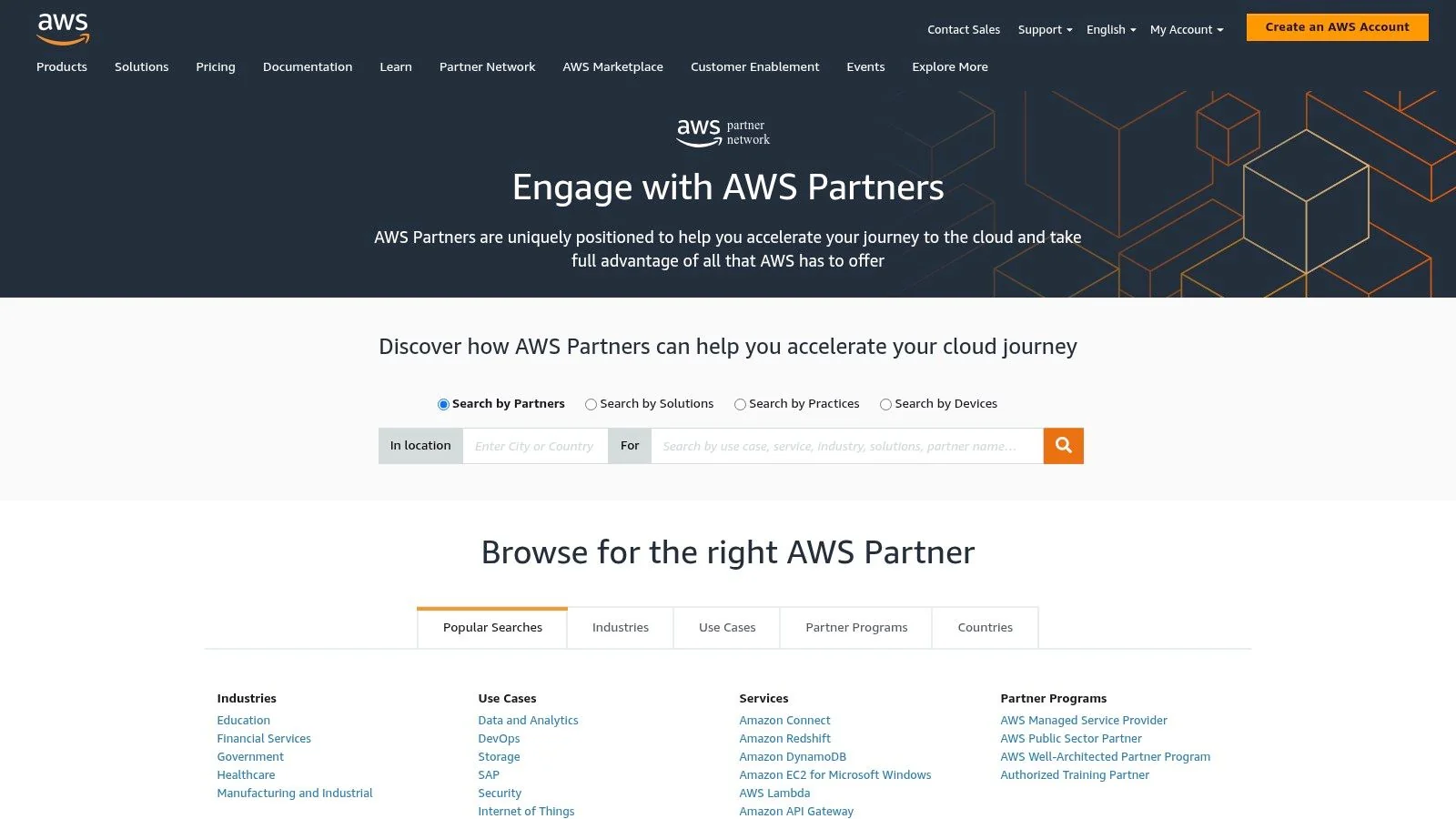 A screenshot of the AWS Partner Solutions Finder platform, showing search filters for services, industries, and partner programs.