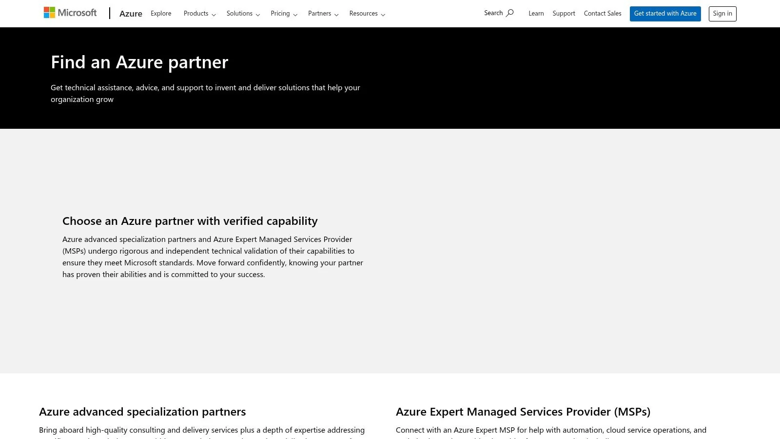 A screenshot of the Microsoft Azure partner portal, showing search filters for services like Analytics and AI, and a list of certified IT consulting firms.