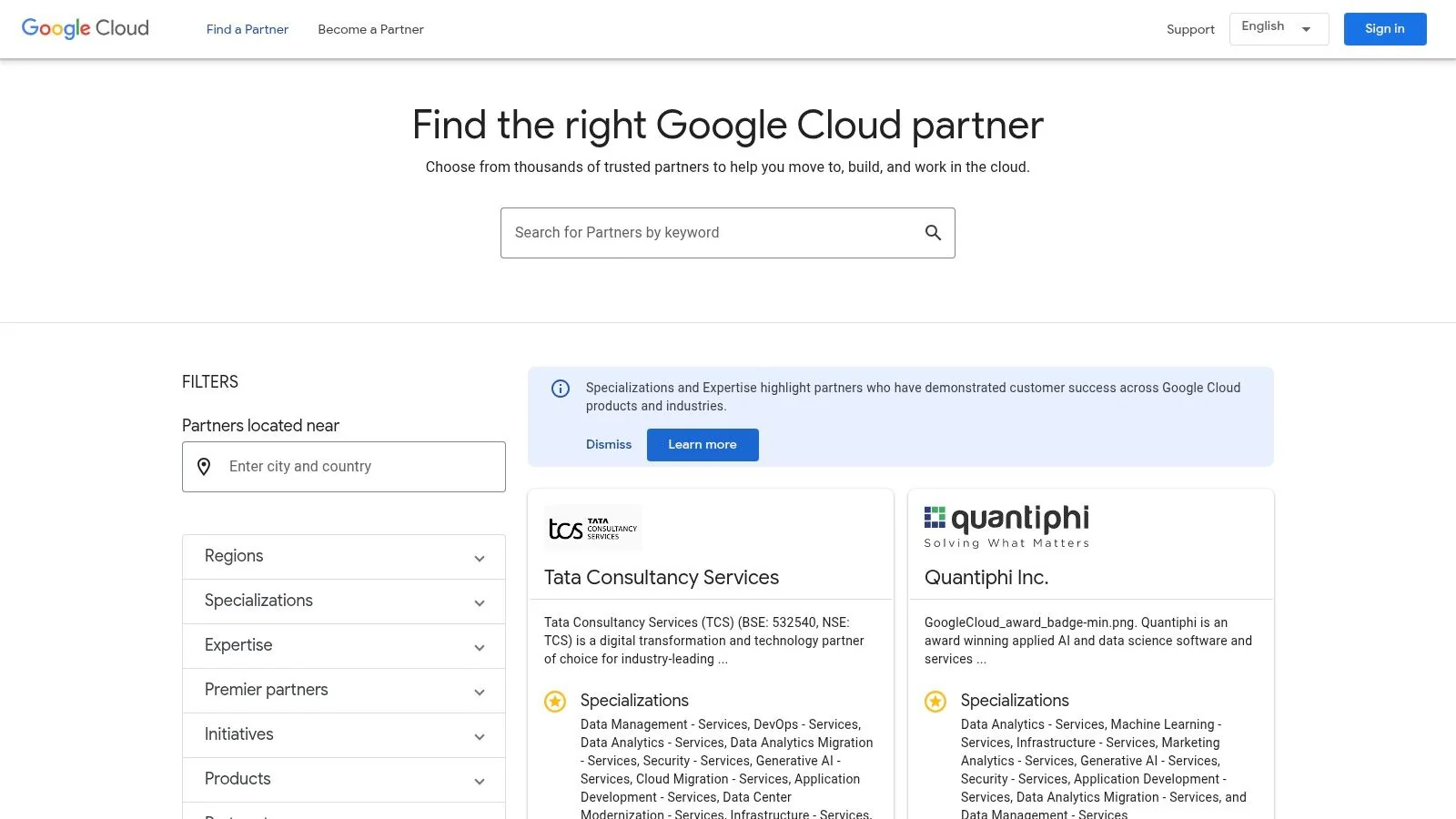 A screenshot of the Google Cloud – Find a Partner directory, showing search filters and a list of partner firms with their specializations.