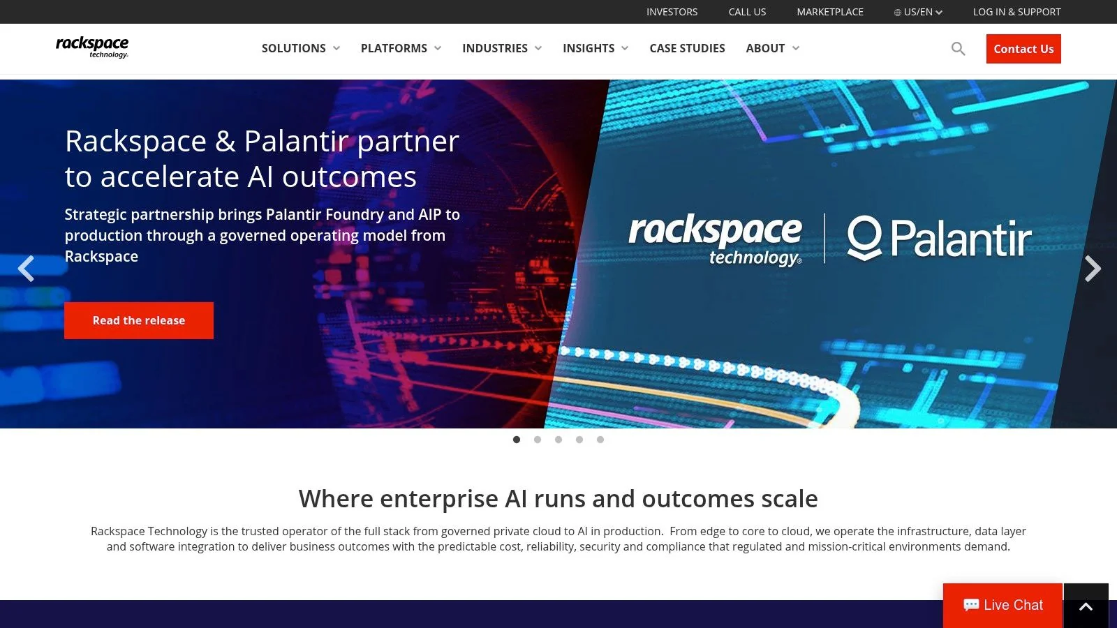 Rackspace Technology homepage featuring text about AI partnerships and modern technology solutions.