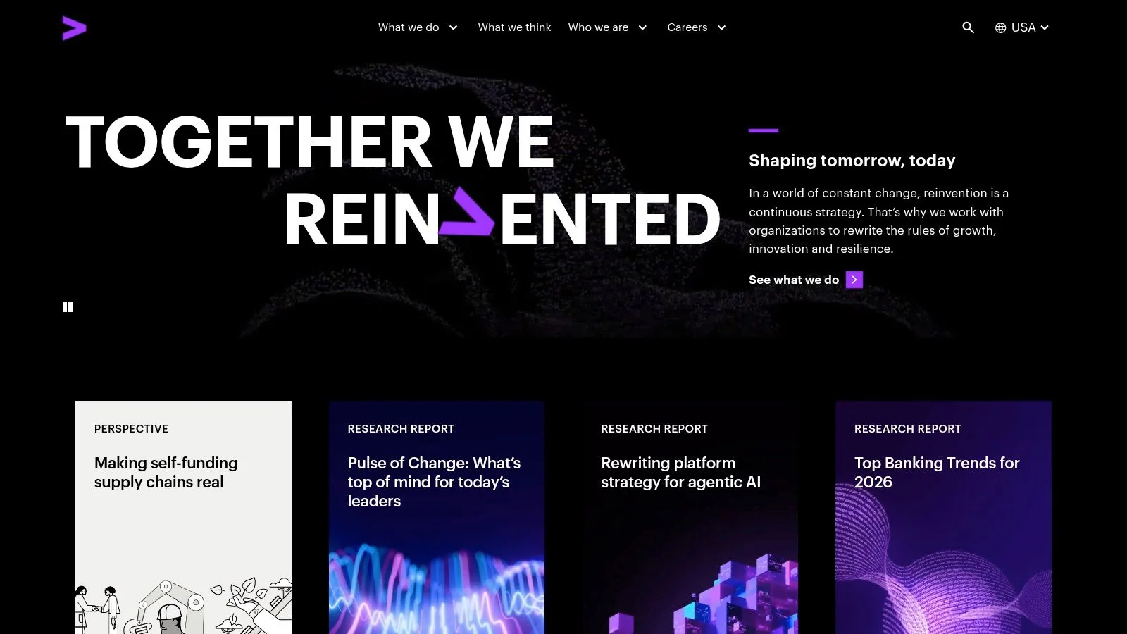 Accenture — Cloud First homepage showing a modern design with abstract graphics and text about cloud transformation.