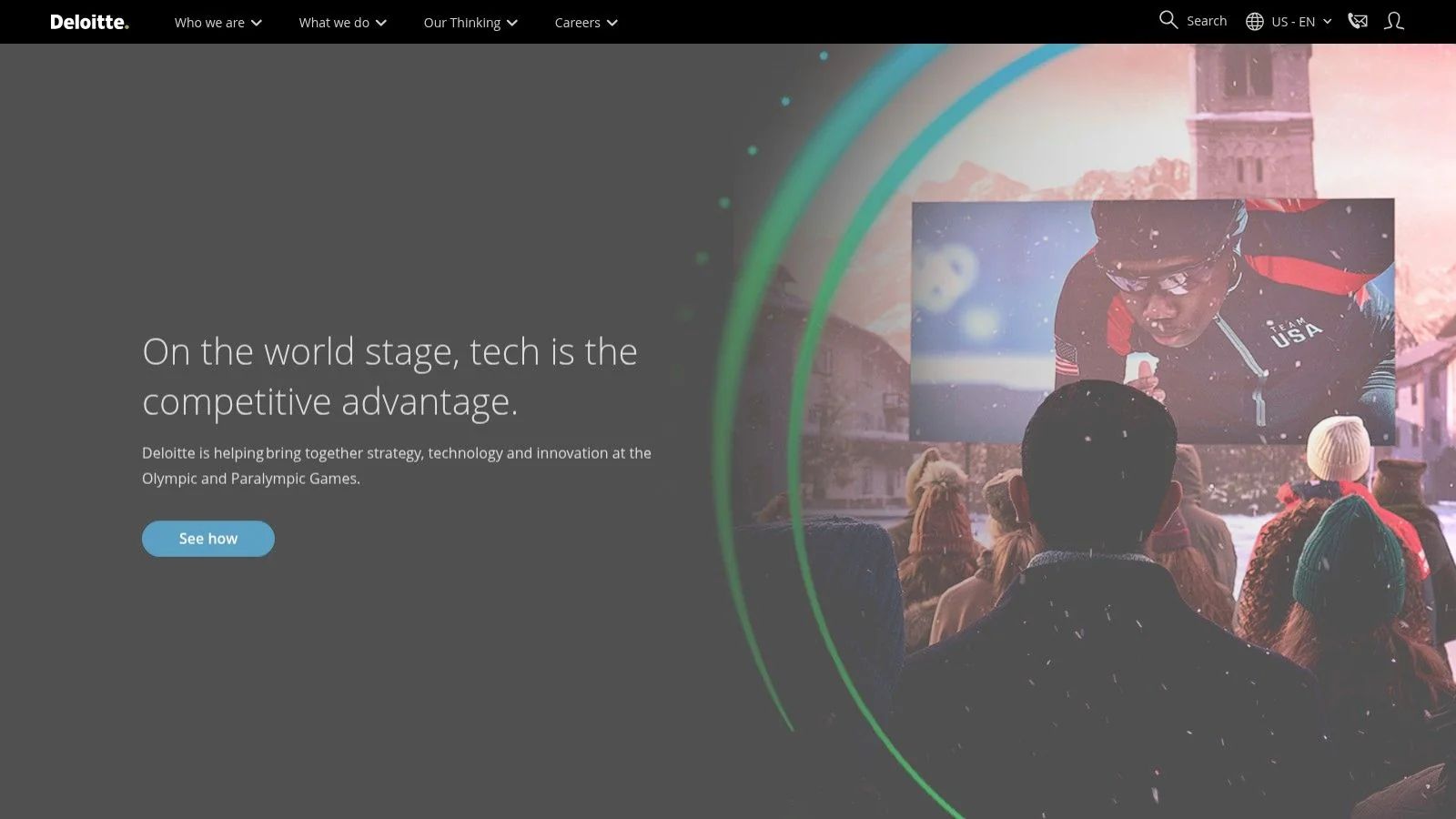 Deloitte (US) homepage showing text about their purpose and impact with a background image of two people collaborating.