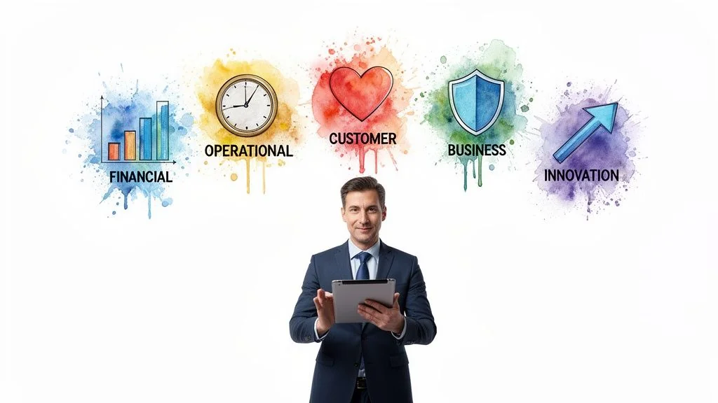 A businessman with a tablet surrounded by watercolor icons representing financial, operational, customer, business, and innovation.