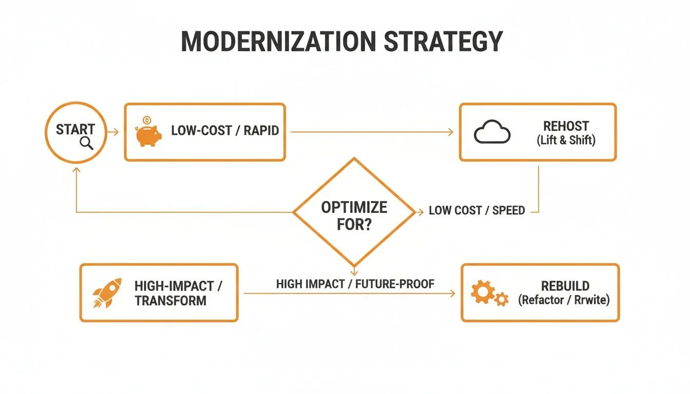 Flowchart illustrating a modernization strategy with paths for low-cost rapid rehost or high-impact rebuild.