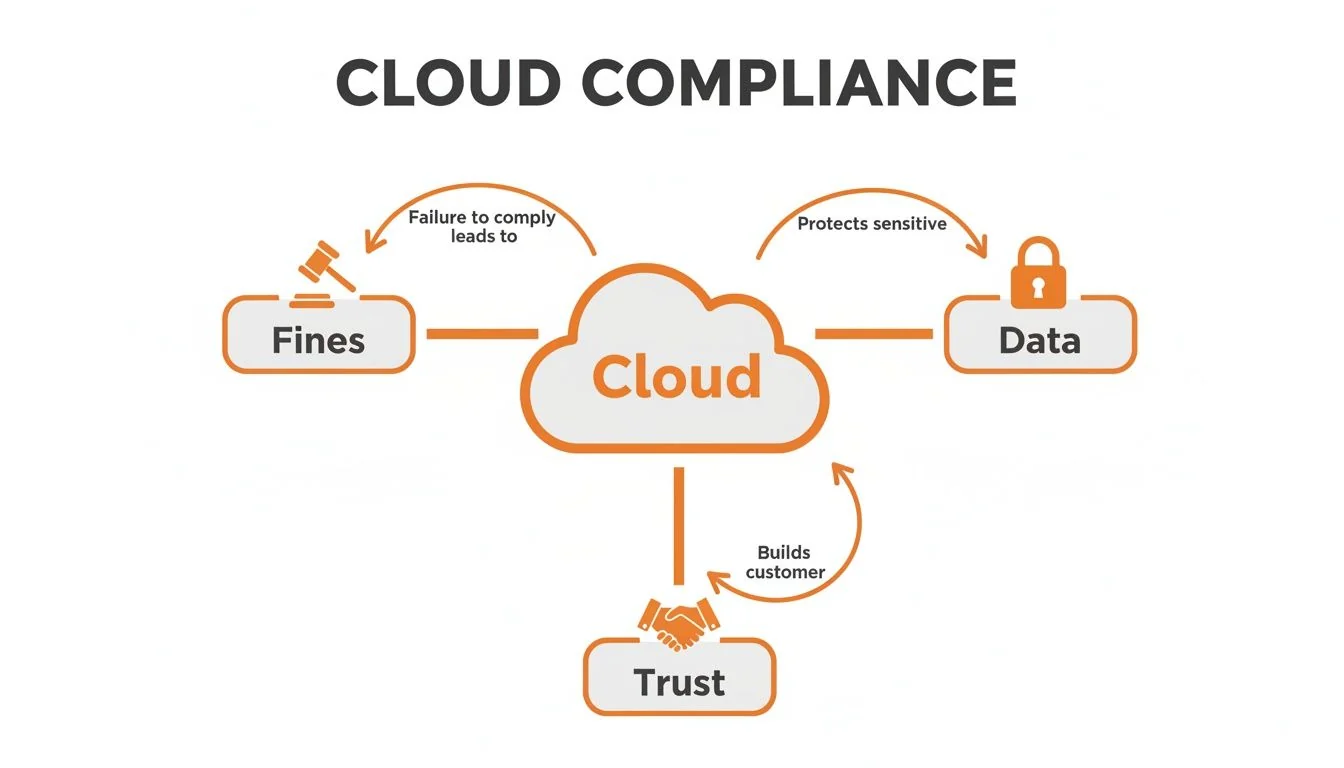 Diagram illustrating cloud compliance importance, showing how it prevents fines, protects data, and builds customer trust.