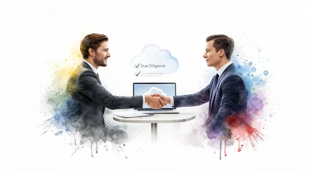 Two businessmen shaking hands across a table with a laptop, symbolizing due diligence and partnership.