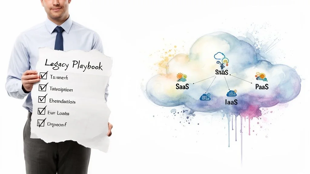Man holding a 'Legacy Playbook' list, contrasting with a watercolor cloud showing SaaS, PaaS, and IaaS.
