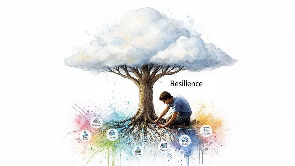 A watercolor illustration of a man tending to the roots of a tree labeled 'Resilience,' connecting to various concept icons.