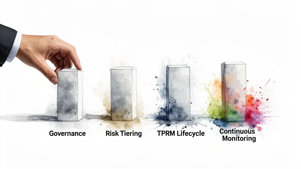A hand places a block for Governance, part of a Third-Party Risk Management framework.