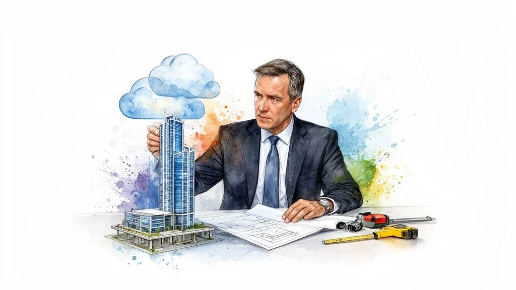 A man in a suit holds a skyscraper model while reviewing blueprints, with artistic cloud elements.