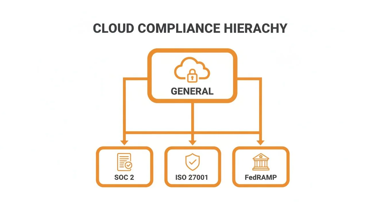 Hierarchy diagram illustrating general cloud compliance branching into specific standards like SOC 2, ISO 27001, and FedRAMP.