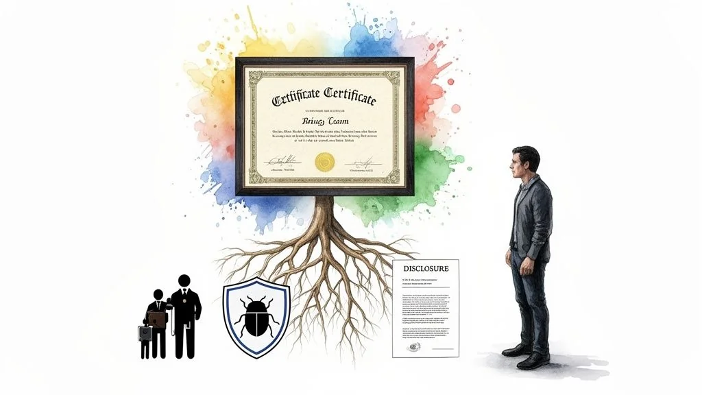 Watercolor illustration of a certificate with roots, bug shield, disclosure, and business figures.