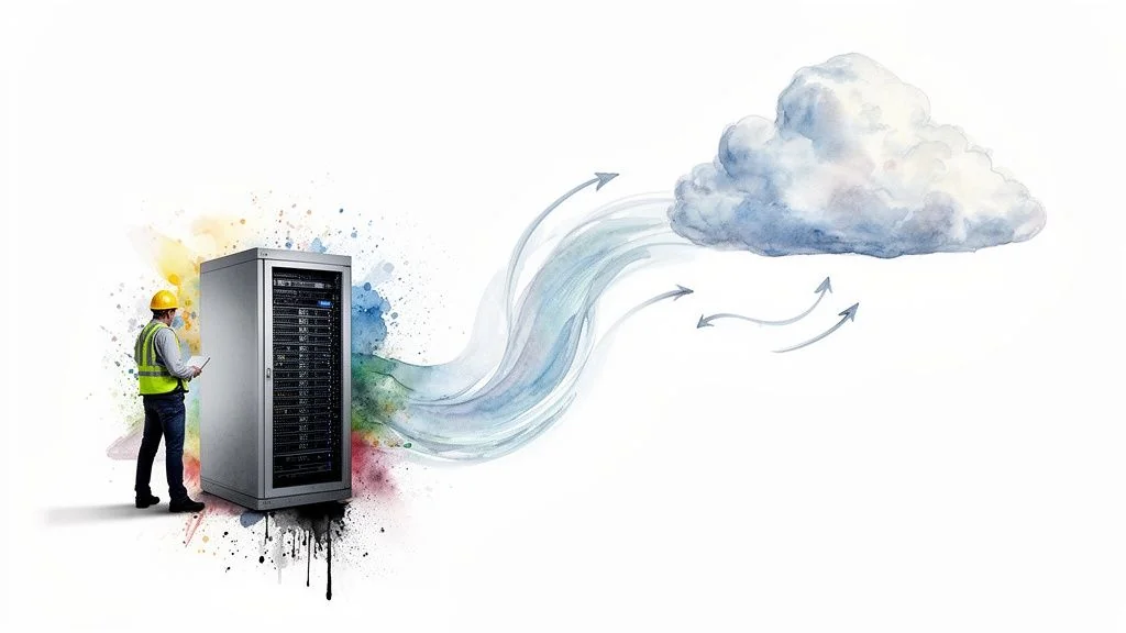Technician manages a server rack, with colorful data streams connecting to a watercolor cloud.