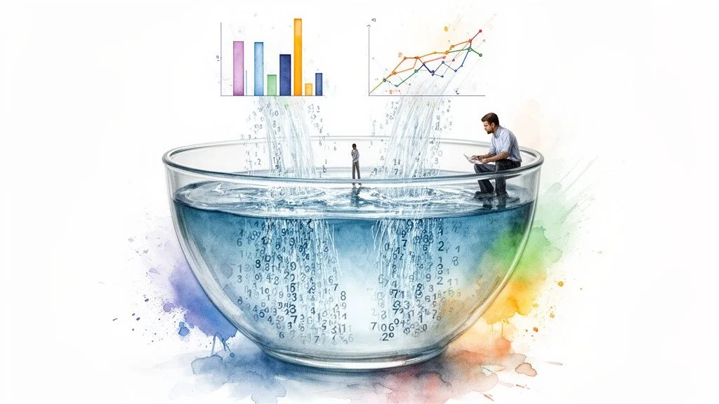 Conceptual image of data flowing as water into a bowl, analyzed by miniature people with charts.